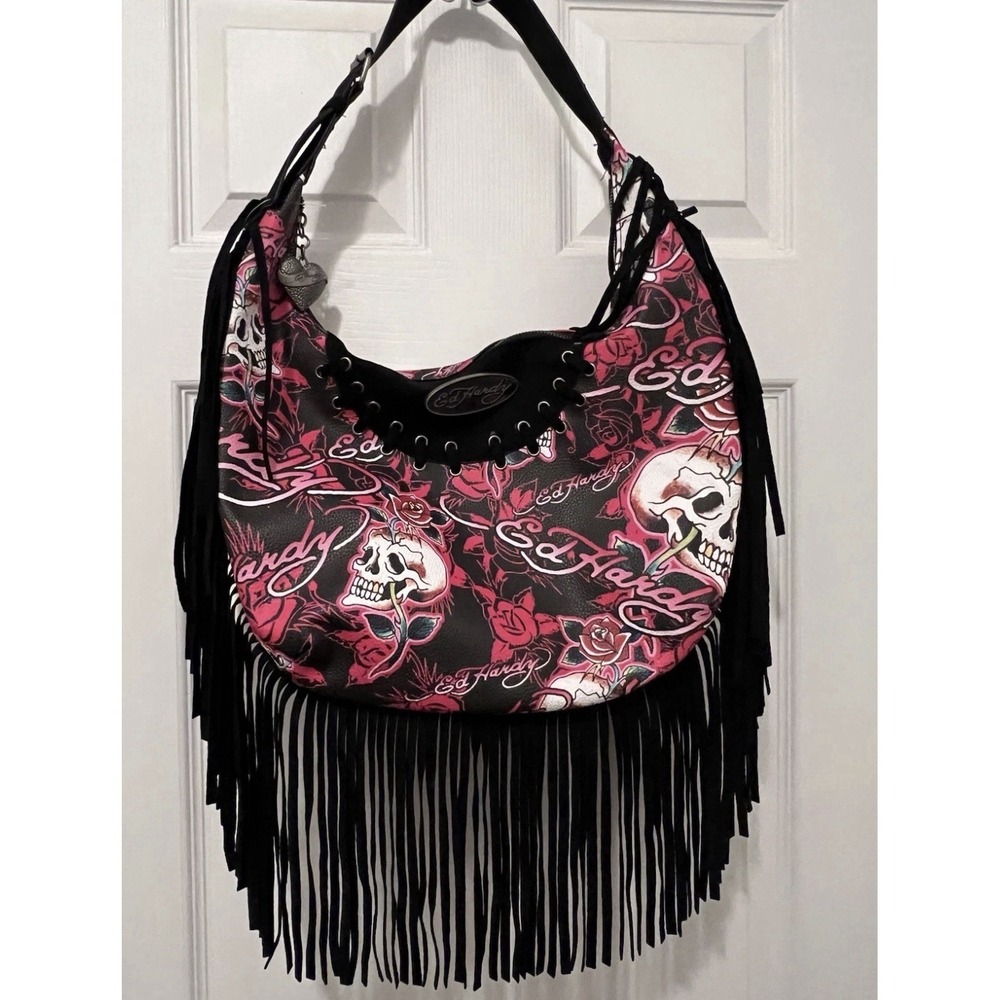 NEW ED HARDY FRINGE Large Hobo Purse SKULLS  FLOWERS BLACK and Red NWT
